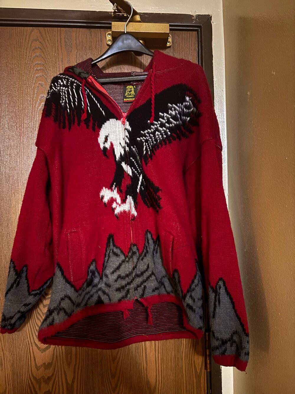 vintage Tejidos Ruminahui red wool knit zip-up hoodie Eagle Tribal Sweater
